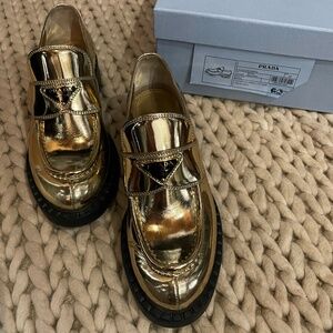 PRADA Triangular Logo Metallic Gold Leather Chocolate Loafers size 39